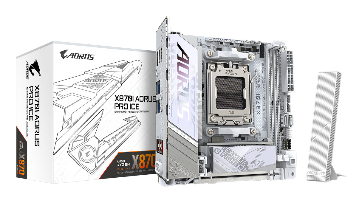 GIGABYTE X870I AORUS PRO ICE Motherboard - Supports AMD Ryzen 9000 Series CPUs, 8+2+1 phases VRM, up to 8400MHz DDR5 (OC), 1xPCIe 5.0 M.2 + 1xPCIe 4.0 M.2, WI-FI 7, 2,5GbE LAN, USB 4 - X870I AORUS PRO ICE