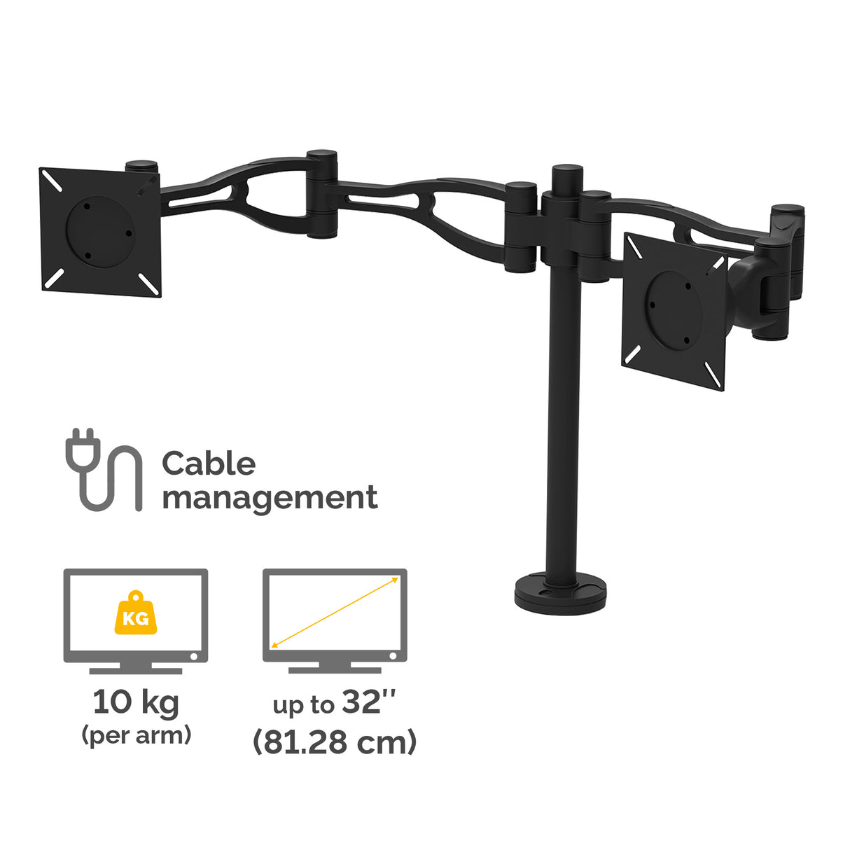 Fellowes Vista Dual Monitor Arm - Monitor Mount for 10KG 26 inch Screens - Ergonomic Adjustable Monitor Arm Desk Mount - Pan 180° Rotation 360°, VESA 75 x 75/100 x 100 - Black - 8041701