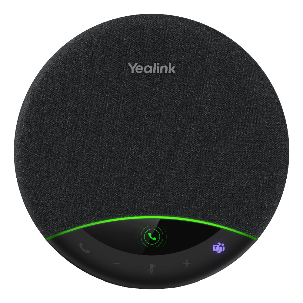 Black Yealink device with green and blue accents on a white background