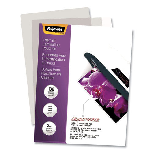 FELLOWES SuperQuick Thermal Laminating Pouches, 3 mil, 9" x 11.5", Gloss Clear, 100/Pack - 5245801