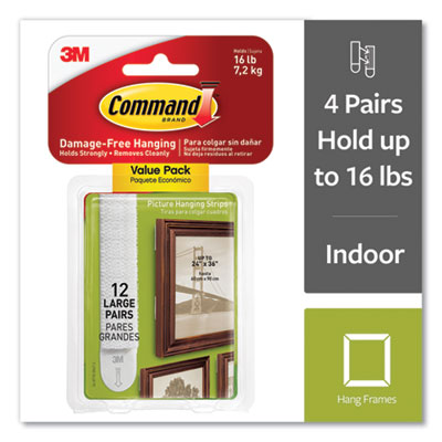 Damage-Free Hanging Picture Hanging Strip Pairs, Holds Up to 3.75 lb, Large: 0.75" x 3.65", White, 12/Pack - 17206-12ES 3M