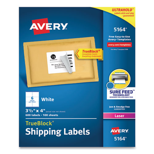 AVERY Shipping Labels w/ TrueBlock Technology, Laser Printers, 3.33 x 4, White, 6/Sheet, 100 Sheets/ - 5164