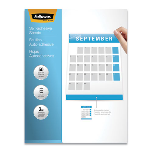 FELLOWES Self-Adhesive Laminating Sheets, 3 mil, 9.25" x 12", Gloss Clear, 50/Box - 5221502