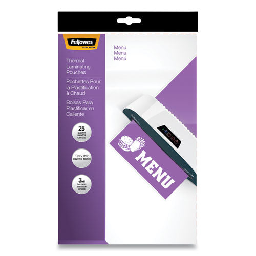 FELLOWES Laminating Pouches, 3 mil, 12" x 18", Gloss Clear, 25/Pack - 52011