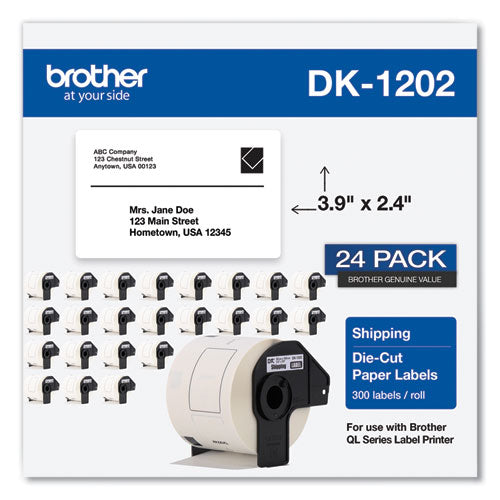 BROTHER Die-Cut Shipping Labels, 2.4 x 3.9, White, 300 Labels/Roll, 24 Rolls/Pack - DK120224PK
