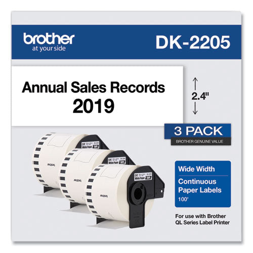 BROTHER Continuous Paper Label Tape, 2.4" x 100 ft, White, 3 Rolls/Pack - DK22053PK