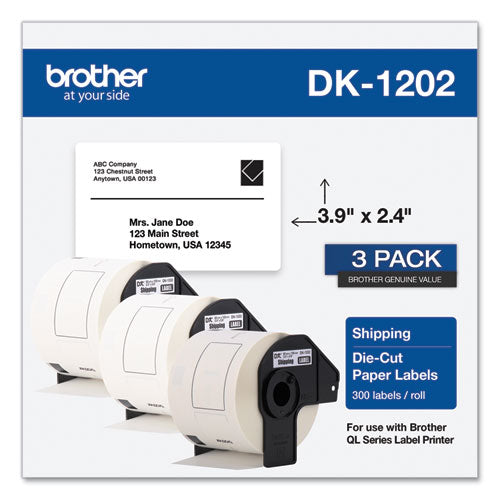 BROTHER Die-Cut Shipping Labels, 2.4 x 3.9, White, 300 Labels/Roll, 3 Rolls/Pack - DK12023PK