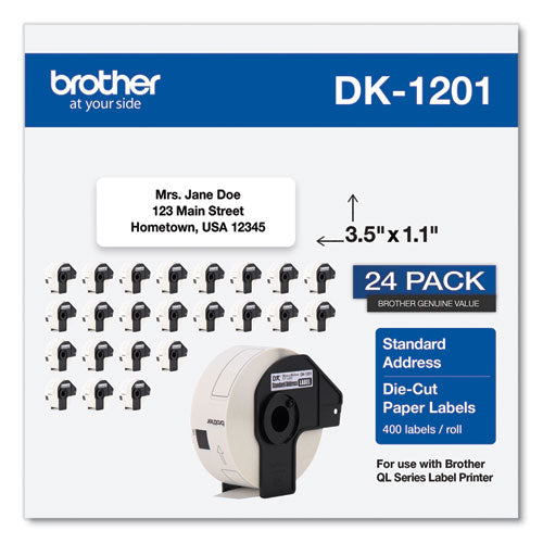 BROTHER Die-Cut Address Labels, 1.1 x 3.5, White, 400 Labels/Roll, 24 Rolls/Pack - DK120124PK
