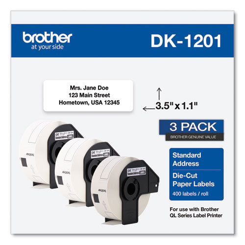BROTHER Die-Cut Address Labels, 1.1 x 3.5, White, 400 Labels/Roll, 3 Rolls/Pack - DK12013PK