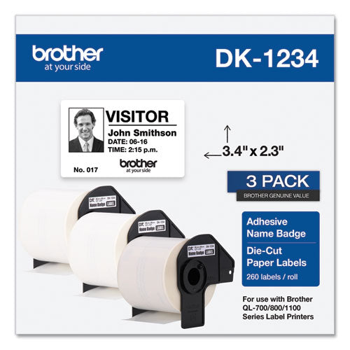 BROTHER Die-Cut Name Badge Labels, 2.3 x 3.4, White, 260 Labels/Roll, 3 Rolls/Pack - DK12343PK