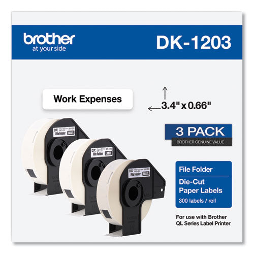 BROTHER Die-Cut File Folder Labels, 0.66 x 3.4, White, 300 Labels/Roll, 3 Rolls/Pack - DK12033PK