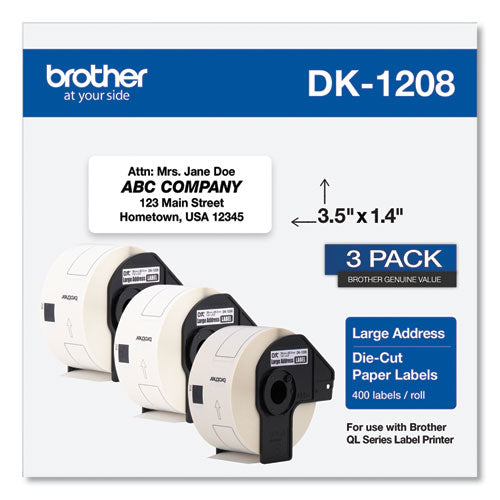 BROTHER Die-Cut Address Labels, 1.4 x 3.5, White, 400 Labels/Roll, 3 Rolls/Pack - DK12083PK