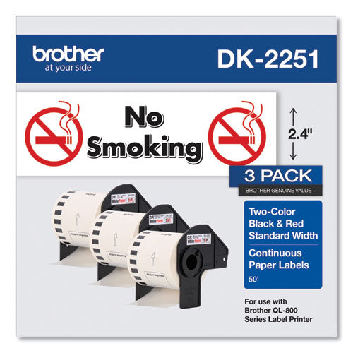BROTHER Continuous Paper Label Tape, 2.44" x 50 ft, White, 3 Rolls/Pack - DK22513PK