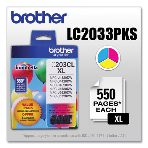 BROTHER  Innobella High-Yield Ink, 550 Page-Yield, Cyan/Magenta/Yellow - LC2033PKS