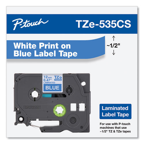 BROTHER TZe Laminated Removable Label Tapes, 0.47" x 26.2 ft, White on Blue - TZE535CS