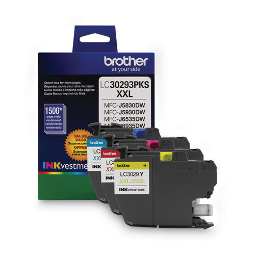 BROTHER  INKvestment Super High-Yield Ink, 1,500 Page-Yield, Cyan/Magenta/Yellow - LC30293PK