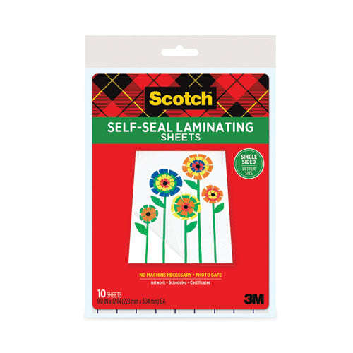 3M Self-Sealing Laminating Sheets, 6 mil, 9.06" x 11.63", Gloss Clear, 10/Pack - LS854SS-10