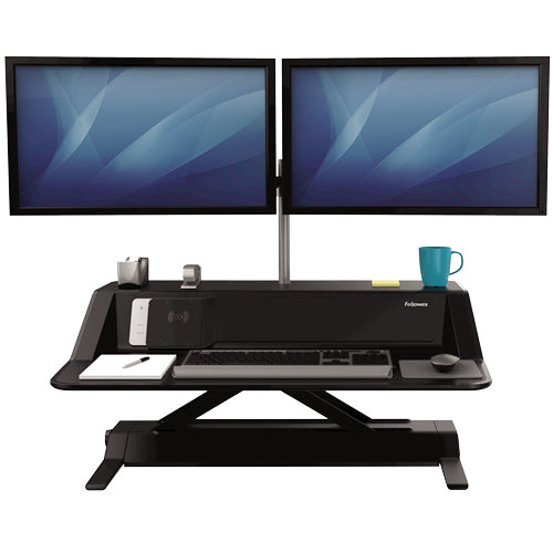 Fellowes Sit Stand Desk Riser - Lotus DX Height Adjustable Sit Stand Desk Converter with Cable Management & Antibacterial Protection - No Assembly Required - Max Weight 15.8KG - Black - 7901