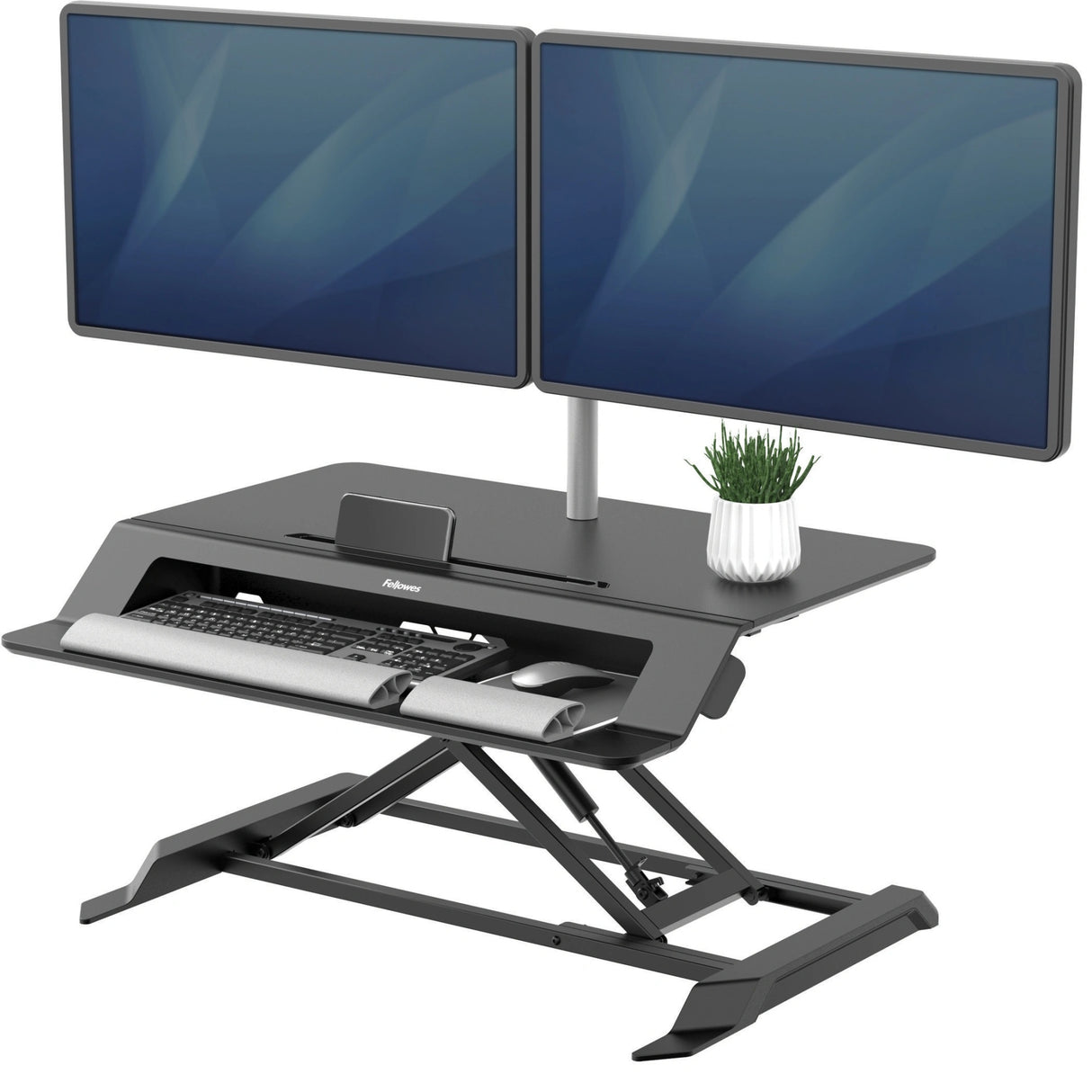 Fellowes Sit Stand Desk Riser - Lotus LT Height Adjustable Sit Stand Desk Converter with Convenient Device Channel - No Assembly Required - Max Weight 17KG - Black - 8215001