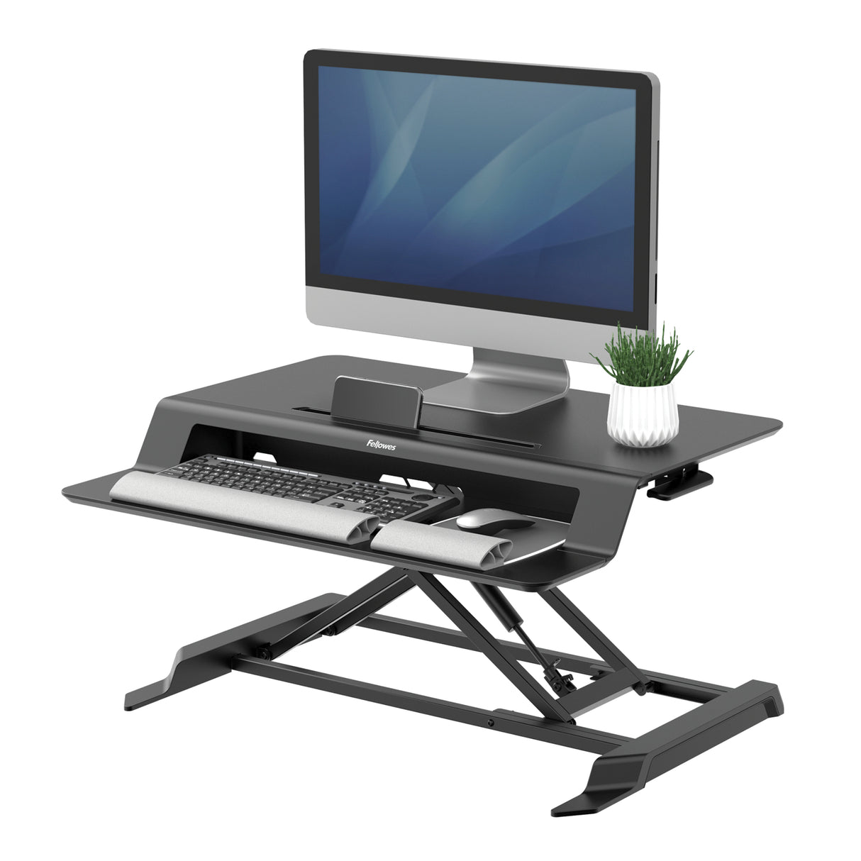 Fellowes Sit Stand Desk Riser - Lotus LT Height Adjustable Sit Stand Desk Converter with Convenient Device Channel - No Assembly Required - Max Weight 17KG - Black - 8215001