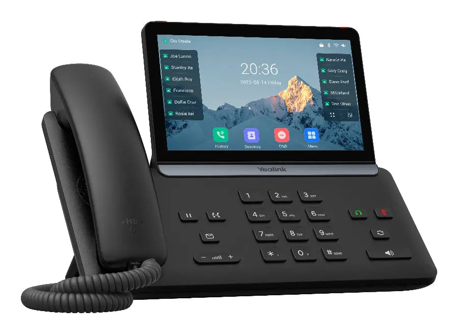 Black VoIP phone with digital display and keypad on a white background
