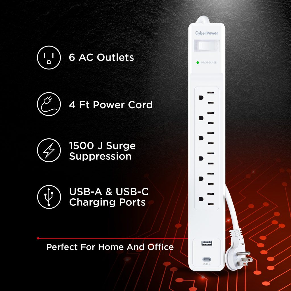 CyberPower 6 Outlet Surge Strip With USB - CSP604UCW