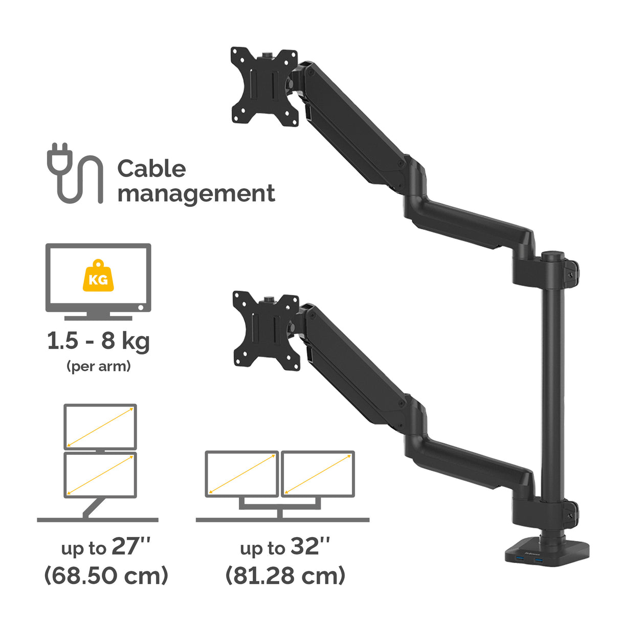 Fellowes Platinum Series Dual Stacking Monitor Arm - Monitor Mount for Two 8KG 27 Inch Screens - Adjustable Dual Monitor Desk Mount - Tilt 45° Pan 180° Swivel 360° Rotation 360°, VESA 75 x 75/100 x 10 - 8043401