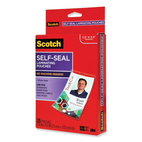3M Self-Sealing Laminating Pouches, 12.5 mil, 2.31" x 4.06", Gloss Clear, 25/Pack - LS852G