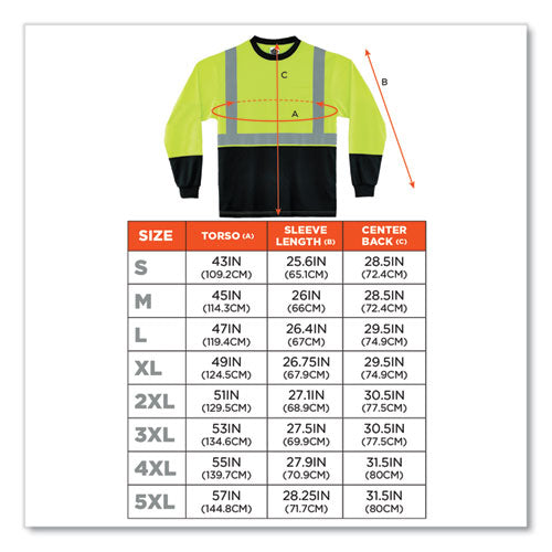 C2G GloWear 8291BK Type R Class 2 Black Front Long Sleeve T-Shirt, Polyester, 3X-Large, Lime - 22707