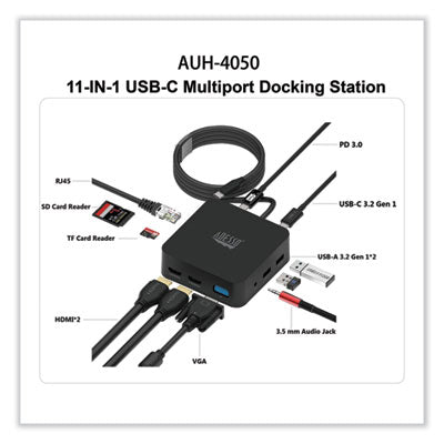 11-in-1 USB-C Multi-Port TAA Compliant Docking Station, Black - AUH-4050