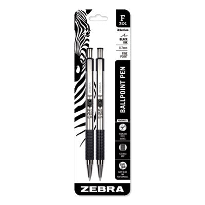 F-301 Ballpoint Pen, Retractable, Fine 0.7 mm, Black Ink, Stainless Steel/Black Barrel, 2/Pack - 27112 LEGRAND