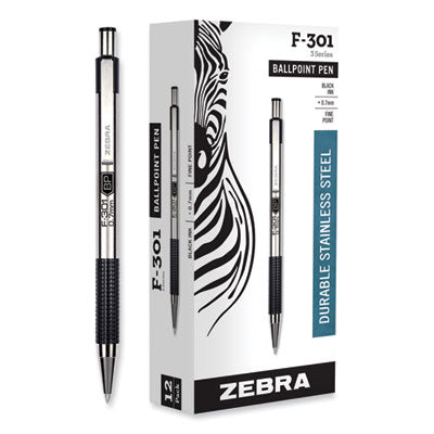 F-301 Ballpoint Pen, Retractable, Fine 0.7 mm, Black Ink, Stainless Steel/Black Barrel, Dozen - 27110 LEGRAND