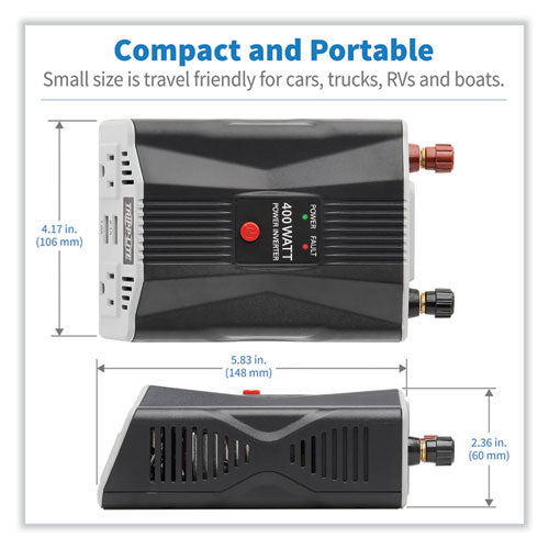 EATON PowerVerter Ultra-Compact Car Inverter, 400 W, Two AC Outlets/Two USB Ports, 3.1 A - PV400USB