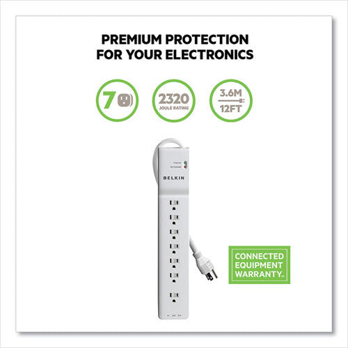 BELKIN Home/Office Surge Protector, 7 AC Outlets, 12 ft Cord, 2,160 J, White - BE107200-12