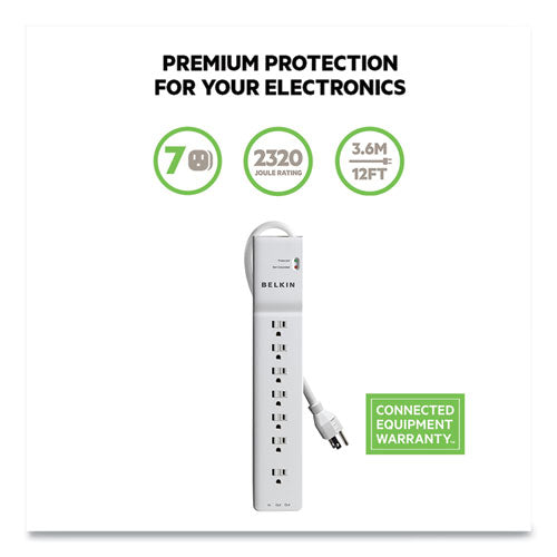 BELKIN Home/Office Surge Protector, 7 AC Outlets, 12 ft Cord, 2,160 J, White - BE107200-12