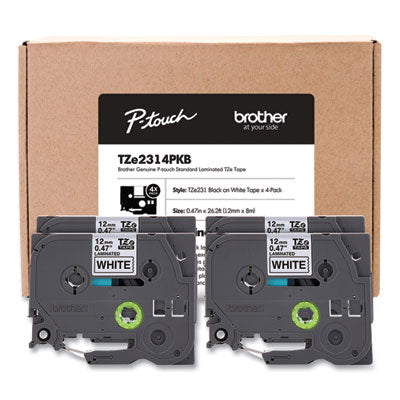 TZe Series Standard Adhesive Laminated Labeling Tape, 0.5", Black on White, 4/Pack - TZE2314PKB