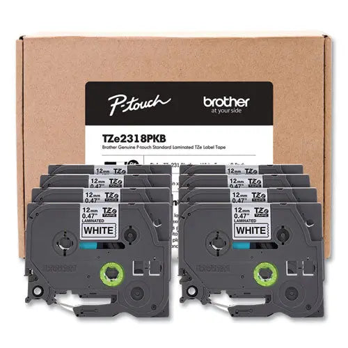 BROTHER TZe Series Standard Adhesive Laminated Labeling Tape, 0.5", Black on White, 8/Pack - TZE2318PKB BROTHER
