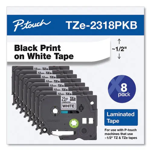 BROTHER TZe Series Standard Adhesive Laminated Labeling Tape, 0.5", Black on White, 8/Pack - TZE2318PKB BROTHER