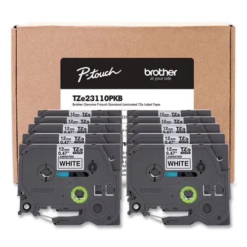 BROTHER TZe Series Standard Adhesive Laminated Labeling Tape, 0.5", Black on White, 10/Pack - TZE23110PKB BROTHER