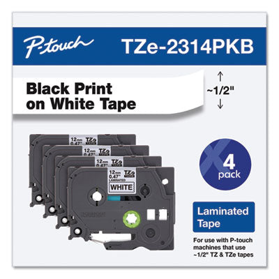 TZe Series Standard Adhesive Laminated Labeling Tape, 0.5", Black on White, 4/Pack - TZE2314PKB