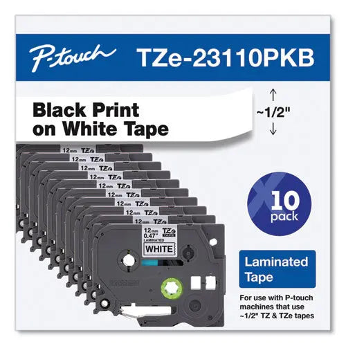 BROTHER TZe Series Standard Adhesive Laminated Labeling Tape, 0.5", Black on White, 10/Pack - TZE23110PKB BROTHER