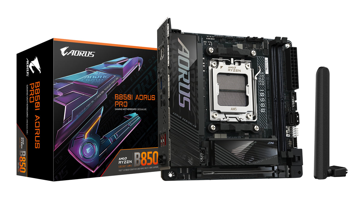 GIGABYTE B850I AORUS PRO Motherboard - AMD Ryzen 9000 Series CPUs, 8+2+1 Phases Digital VRM, up to 8400MHz DDR5 (OC), 1xPCIe 5.0 + 1xPCIe 4.0 M.2, 2.5LAN, WIFI 7, USB 3.2 Gen 2 - B850I AORUS PRO