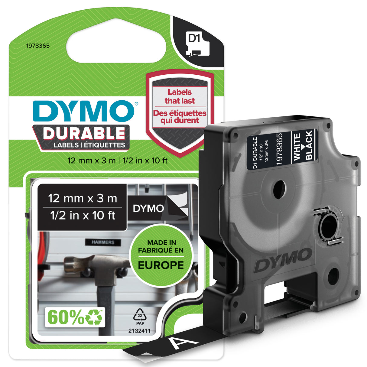 DYMO Authentic D1 Durable Labels | White Print on Black Tape | 12 mm x 3 m | Labelling Tape for LabelManager Label Makers - 1978365 DYMO