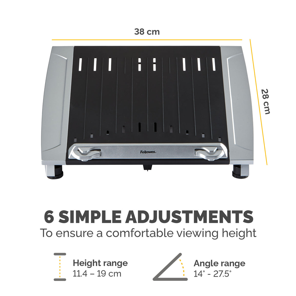 Fellowes Laptop Stand for Desk - Office Suites Plus Adjustable Laptop Stand for the Home and Office - Laptop Riser with 5 Height Adjustments - Max Monitor Size 17", Max Weight 5KG - Black/Silver - 8036701