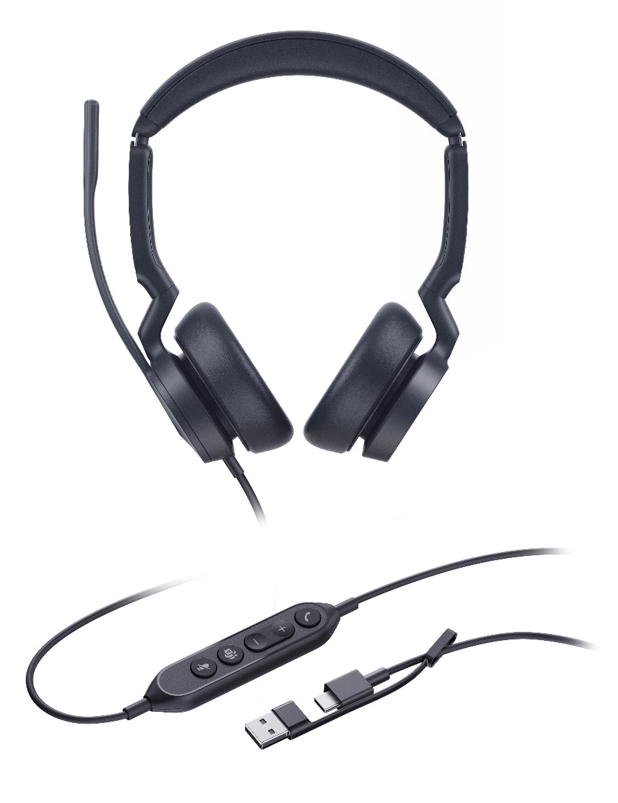 Black headphones with USB cable on a white background