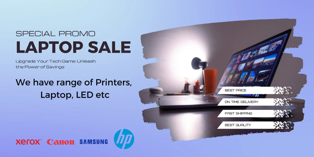 Advertisement for laptop sale with a stack of laptops on a blue background, featuring Xerox, Canon, Samsung, and HP logos.