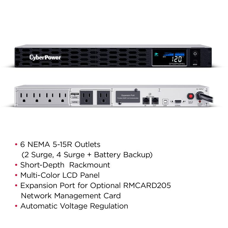 CyberPower PFC Sinewave uninterruptible power supply (UPS) Line-Interactive 0.7 kVA 400 W 6 AC outlet(s) - CP700PFCRM1U