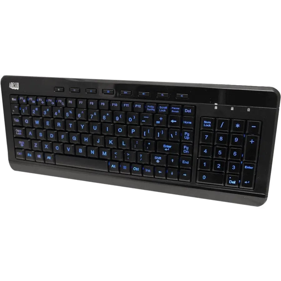 ADESSO Adesso 3-Color Illuminated Compact Multimedia Keyboard - Cable Connectivity - USB Interface Backlight On/Off, Play/Pause, Mute, Volume Down, Volume Up, Illumination Key, Adjustable Brightness, Windows... - AKB-120EB