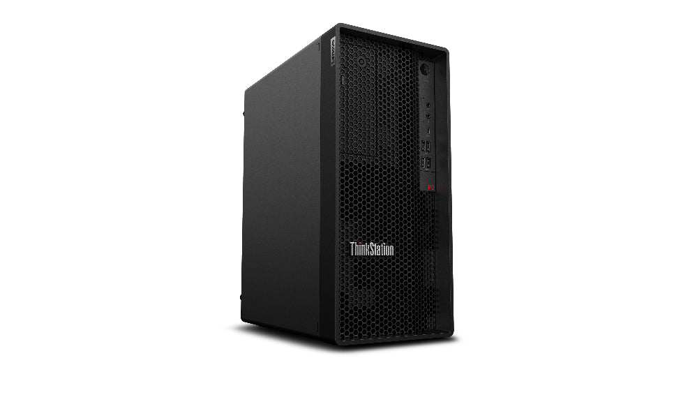 Black computer tower with ThinkStation logo on a white background