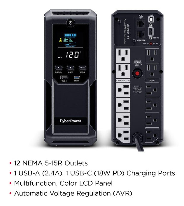 CyberPower LCD BRG1500AVRLCD2 uninterruptible power supply (UPS) Line-Interactive 1.5 kVA 900 W 12 AC outlet(s) - BRG1500AVRLCD2